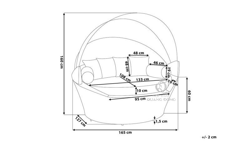 Giường tắm nắng QD-516 có kích thước chi tiết