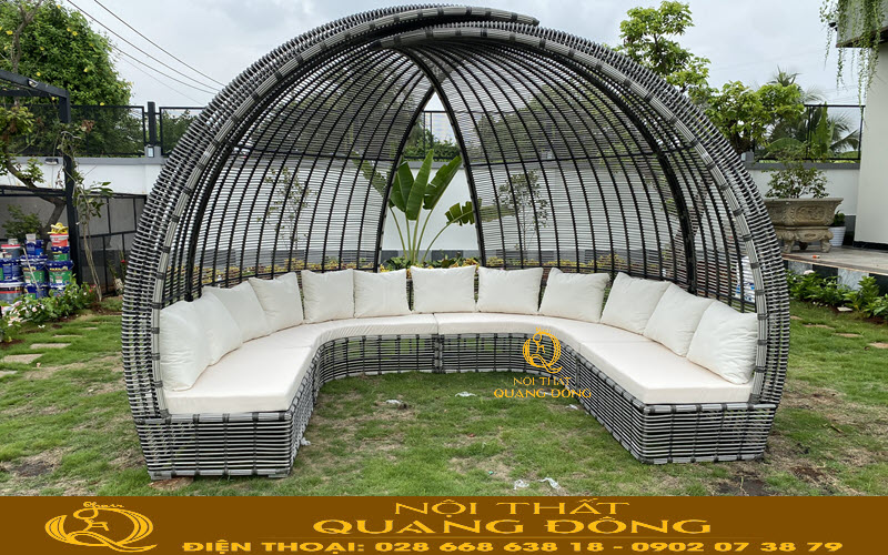 Ghế sofa mái che kiểu vòm QD-740 đan nhựa giả mây tròn, dùng cho ngoại thất sân vườn, khu vực ngoài trời