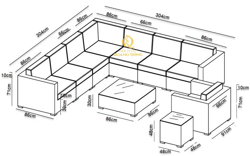 Kích thước chi tiết sofa mây nhựa QD-715