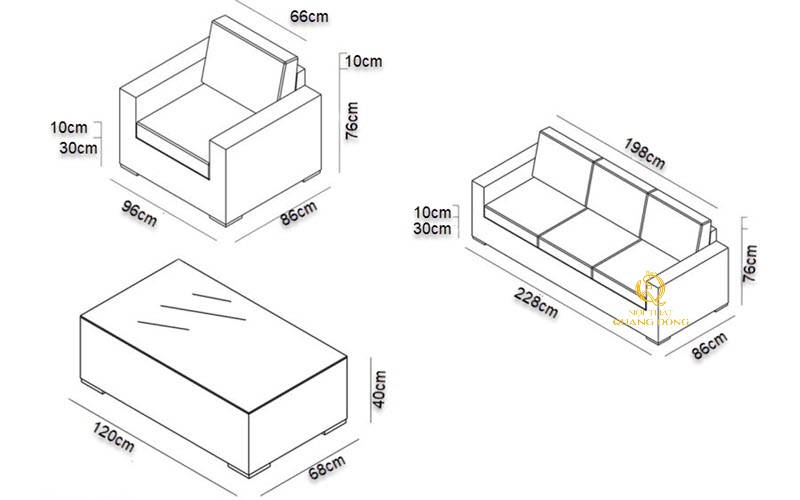 Kích thước chi tiết sofa giả mây QD-723