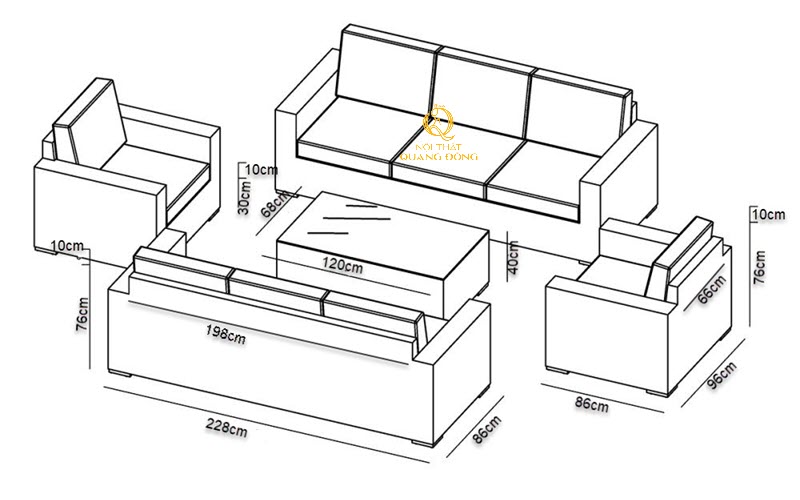 Kích thước chi tiết sofa mây nhựa QD-724 