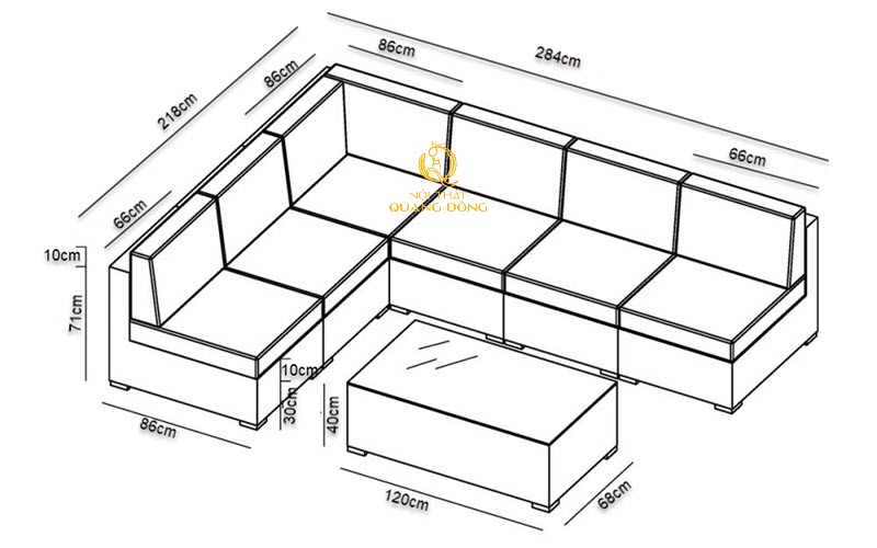 Kích thước chi tiết sofa mây nhựa QD-727