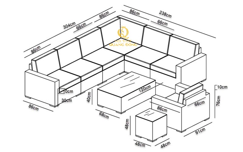 Kích thước chi tiết bộ sofa mây nhựa QD-729
