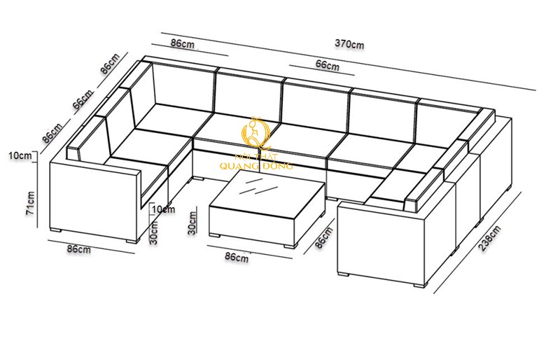 Kích thước chi tiết sofa mây nhựa QD-733