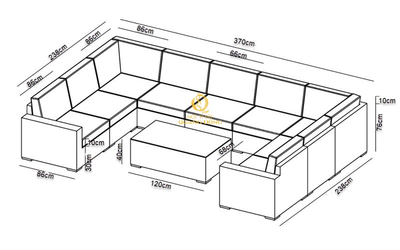 Kích thước chi tiết sofa mây nhựa QD-735