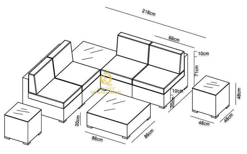 Kích thước chi tiết của sofa mây nhựa QD-736