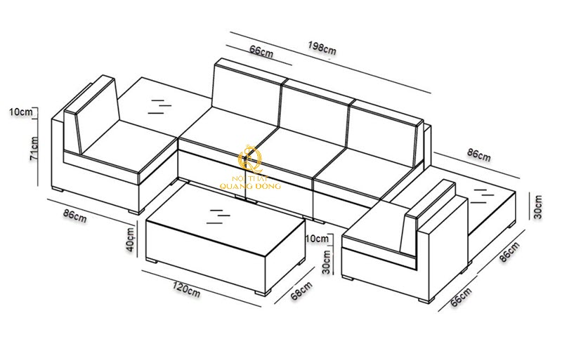 Kích thước chi tiết sofa mây nhựa QD-738