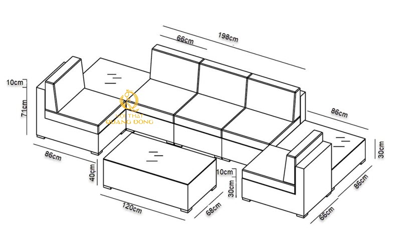 Kích thước chi tiết sofa mây nhựa QD-739