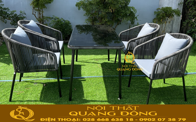bàn ghế giả mây đan sợi tròn dùng cho sân vườn ngoài trời QD-2087