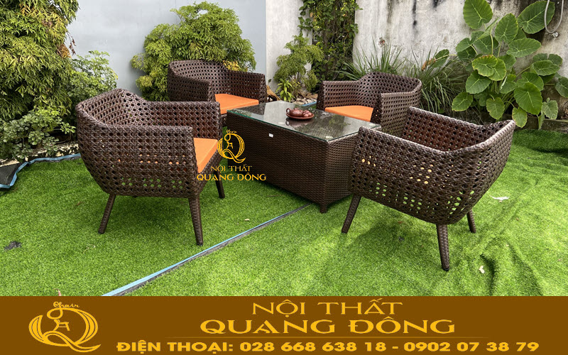 Bàn ghế giả mây QD-268 được đan mắt cáo tạo lỗ thông thoáng