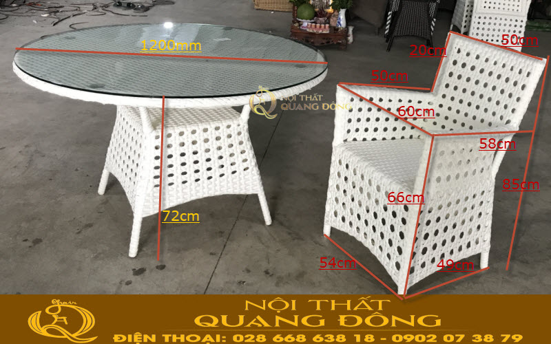 Bàn ghế mây nhựa QD-357 với kích thước tiêu chuẩn cho bàn lớn