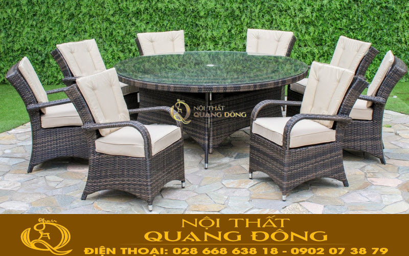 Bàn ghế giả mây QD-359 mẫu bàn ăn có 8 ghế và 1 bàn rộng rãi