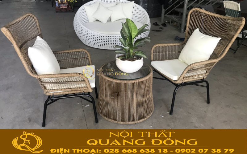 Bàn ghế giả mây QD-387 được ghi hình tại xưởng Nội thất Quang Đông