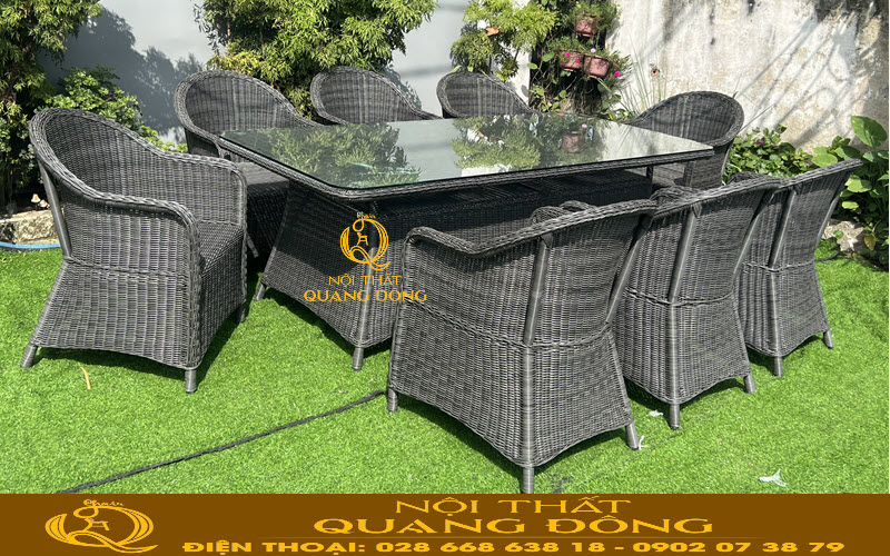 Bộ bàn 8 ghế dùng cho sân vườn QD-2091 đan sợi mây nhựa tròn màu xám khói 