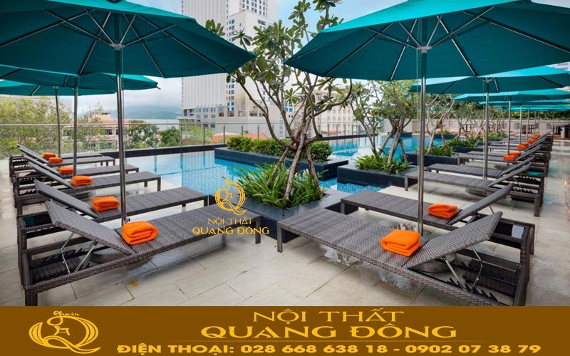 Mẫu ghế nằm thư giãn tắm nắng bằng nhựa giả mây đan thủ công mỹ nghệ, dùng cho bể bơi, bãi biển khu resort 