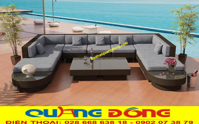 Bộ ghế sofa chữ U dùng cho sảnh ngoài trời, hồ bơi bằng mây nhựa, giả mây cao cấp 