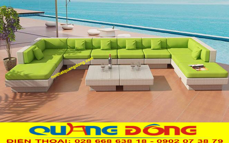 Bộ sofa hình chữ U dùng cho sảnh ngoài trời đan nhựa giả mây cao cấp màu trắng kem, phối nệm lót xám cho bạn thêm lựa chọn