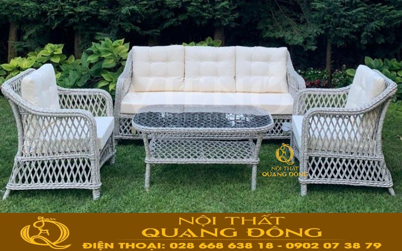 Ghế sofa giả mây dùng cho ngoại thất sân vườn, sản phẩm được đan thủ công bằng sợi mây nhựa tròn, kết hợp kiểu đan kazo hoàn toàn mới