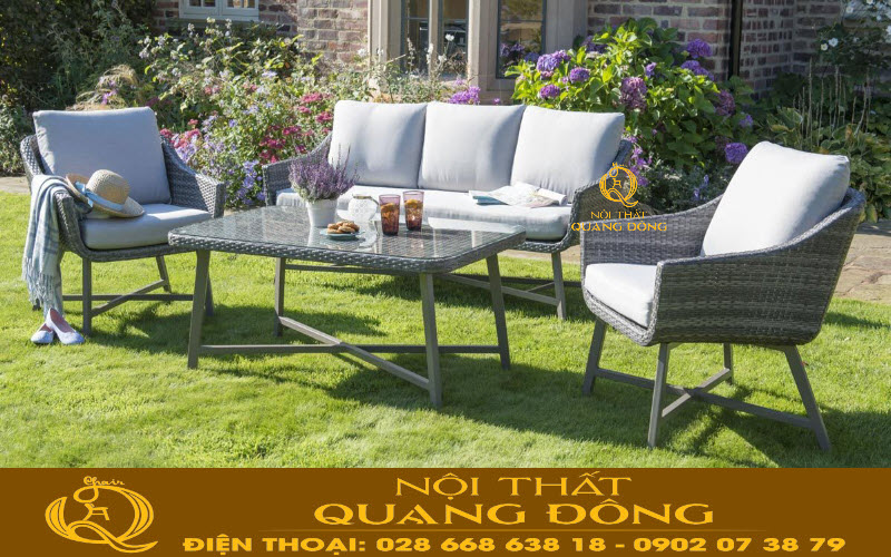 Sofa giả mây QD-667 thanh gọn, chân cao thoáng, tối ưu cho sân vườn