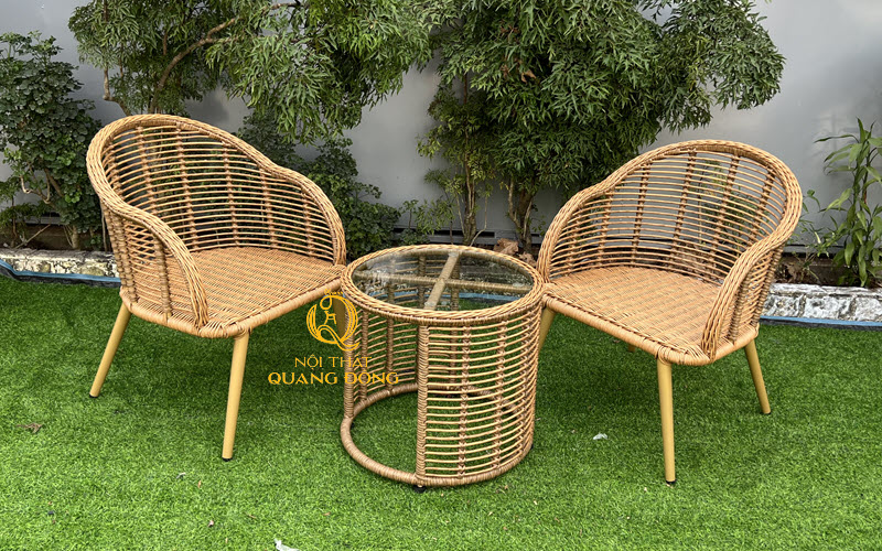 Bàn ghế giả mây đan sợi tròn