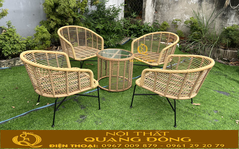 Bàn ghế giả mây QD-2116 được đan thủ công bởi sợi mây nhựa tròn 8ly