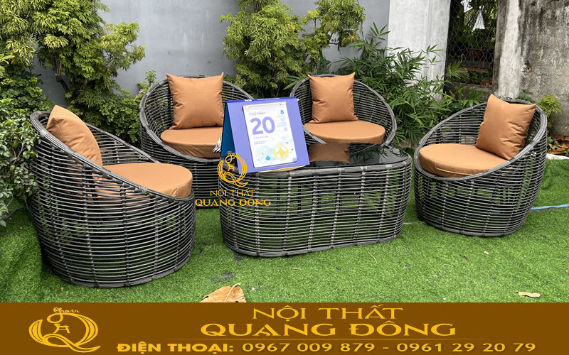 Bàn ghế giả mây QD-2117 sử dụng sợi mây nhựa tròn 8ly cao cấp