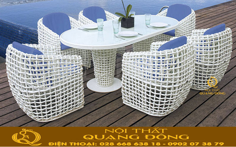 Bàn ghế giả mây QD-369 phong cách hiện đại, đảng cấp cho sân vườn, hồ bơi
