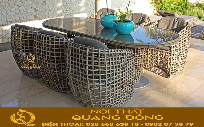 Bàn ghế giả mây QD-369 màu nâu đất tuyệt đẹp cho sân vườn