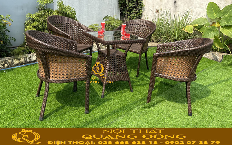 Bàn ghế nhựa giả mây QD-274 đan kiểu mắt cáo lục giác thông thoáng, độc đáo