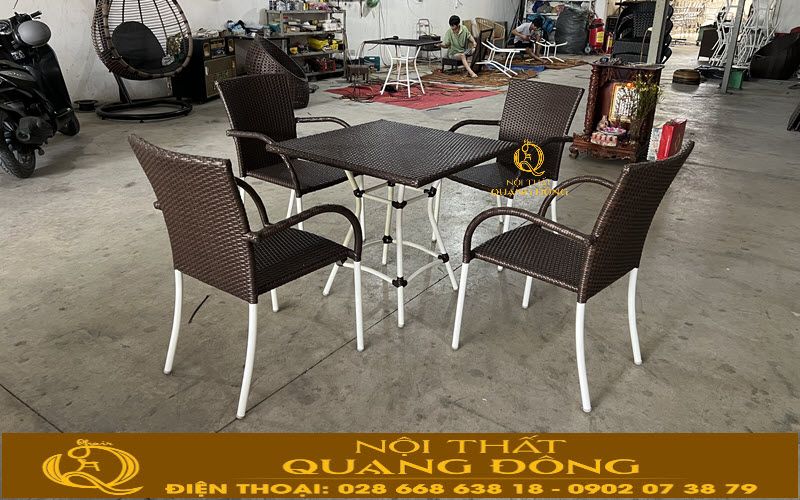 Bàn ghế giả mây QD-2112 đan sợi mây nhựa dẹp 7ly bền bỉ