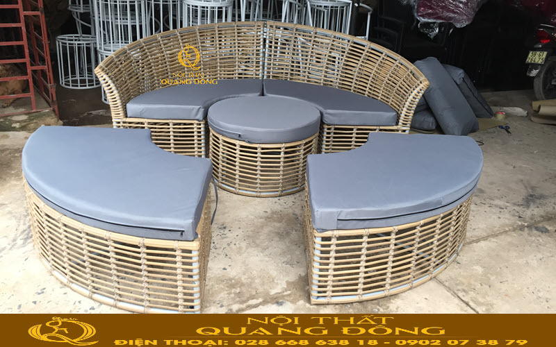 Giường tắm nắng QD-519 thiết kế lắp ghép tiện lợi, đan sợi mây nhựa bản lớn, bền và thoáng mát