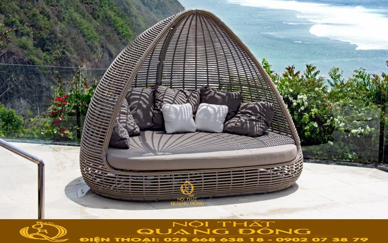 Giường tắm nắng mây nhựa thiết kế mái vòm độc đáo, sang trọng