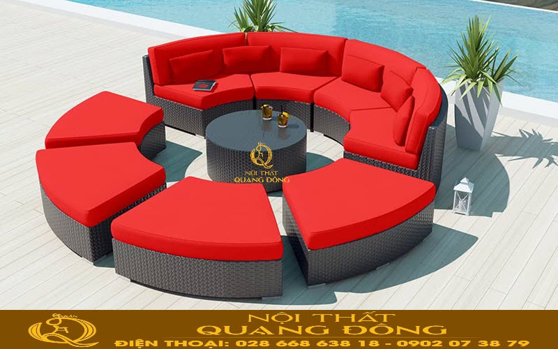 Sofa giả mây QD - 677 nệm màu đỏ nổi bật