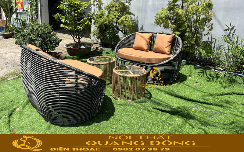 Sofa giả mây QD-757 sử dụng sợi mây nhựa tròn gam màu xám hiện đại