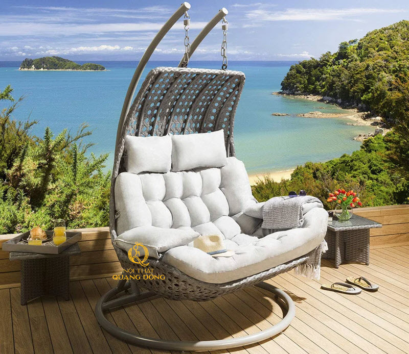 Xích đu giả mây QD-423 mẫu xích đu đôi đan mắt cáo thoáng đãng đẹp cho sân vườn